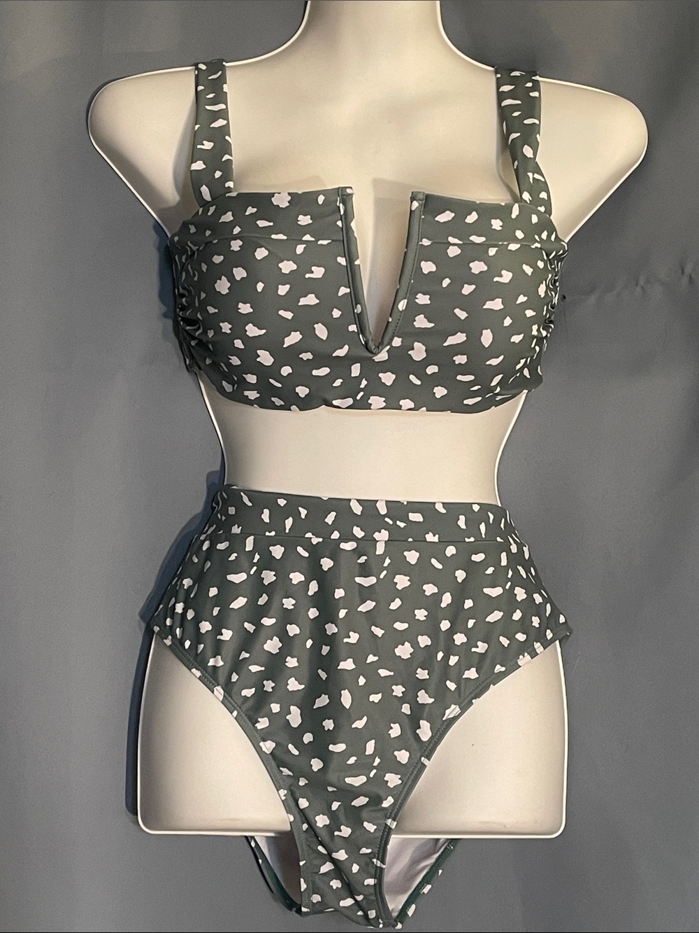 High-Waist V-Notch Bikini Set in Sage with White Spot